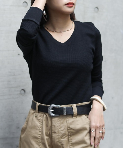 Fashion Letter（ファッションレター）の「ワッフルサーマルVネックコットンTシャツ（Tシャツ/カットソー・レディース・ホワイト/ブラック/ネイビー/カーキ/杢グレー・M/L/4L/LL/3L）」の12枚目の写真