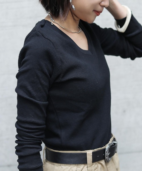 Fashion Letter（ファッションレター）の「ワッフルサーマルVネックコットンTシャツ（Tシャツ/カットソー・レディース・ホワイト/ブラック/ネイビー/カーキ/杢グレー・M/L/4L/LL/3L）」の13枚目の写真