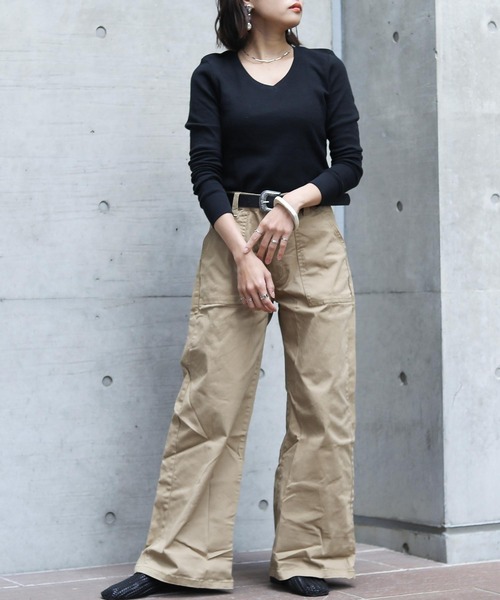 Fashion Letter（ファッションレター）の「ワッフルサーマルVネックコットンTシャツ（Tシャツ/カットソー・レディース・ホワイト/ブラック/ネイビー/カーキ/杢グレー・M/L/4L/LL/3L）」の14枚目の写真