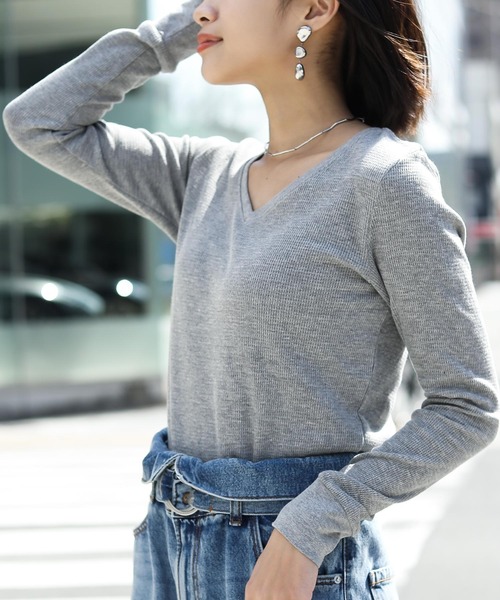 Fashion Letter（ファッションレター）の「ワッフルサーマルVネックコットンTシャツ（Tシャツ/カットソー・レディース・ホワイト/ブラック/ネイビー/カーキ/杢グレー・M/L/4L/LL/3L）」の16枚目の写真