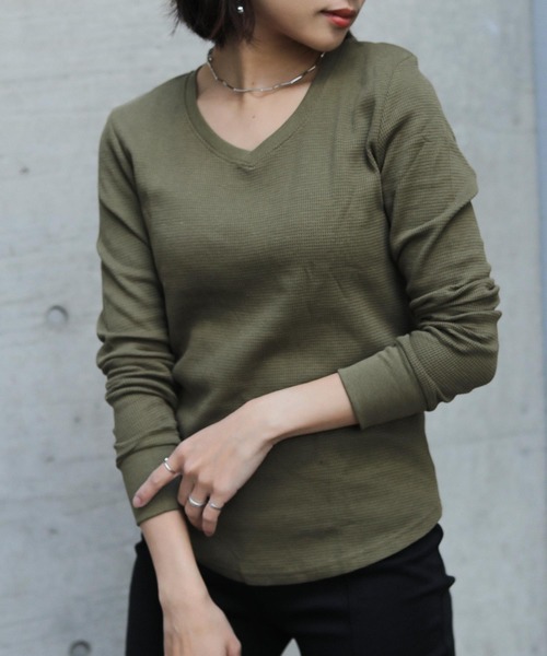 Fashion Letter（ファッションレター）の「ワッフルサーマルVネックコットンTシャツ（Tシャツ/カットソー・レディース・ホワイト/ブラック/ネイビー/カーキ/杢グレー・M/L/4L/LL/3L）」の22枚目の写真