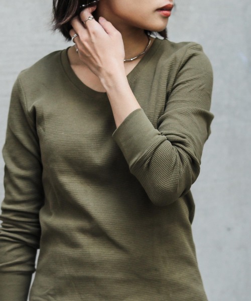 Fashion Letter（ファッションレター）の「ワッフルサーマルVネックコットンTシャツ（Tシャツ/カットソー・レディース・ホワイト/ブラック/ネイビー/カーキ/杢グレー・M/L/4L/LL/3L）」の21枚目の写真