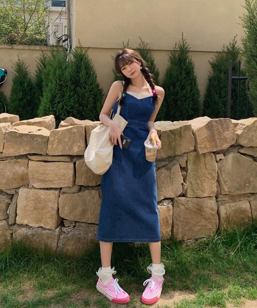 Mayree 21ss ワンピース Mayree メイリー のファッション ハートネックストラップデニムサロペットスカート ワンピース セール