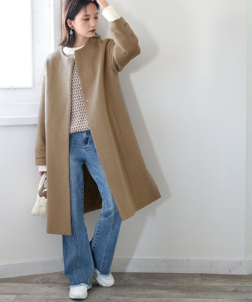 ほぼ未使用✨　danton ロング　ウール　コート　ノーカラー　ベージュ　36 DANTON ダントン ウール ライトパイル カラーレス Vネック