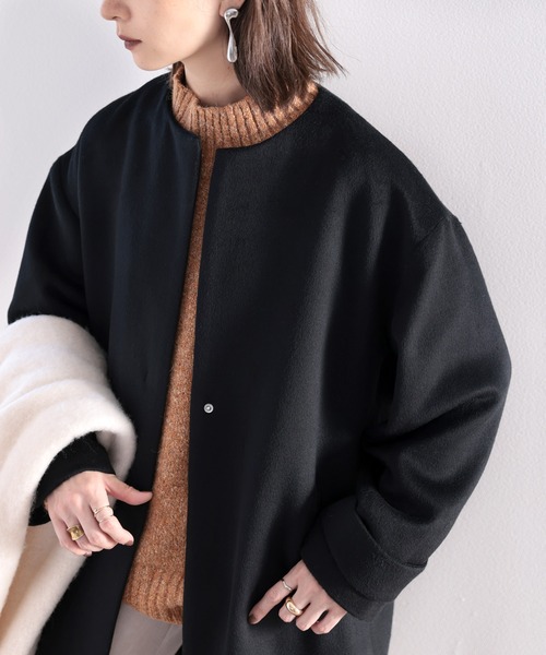 classicalelf（クラシカルエルフ）の「女っぽアウター。大人のノーカラーウールロングコート（ノーカラーコート・レディース・ブラック/ベージュ/グレー・MEDIUM/LARGE/X-LARGE）」の14枚目の写真