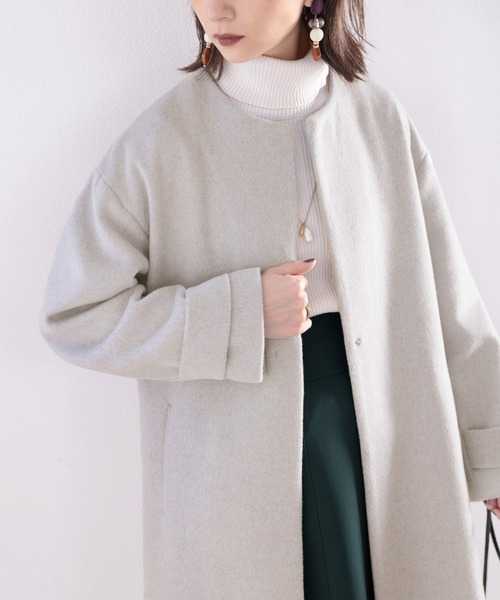 classicalelf（クラシカルエルフ）の「女っぽアウター。大人のノーカラーウールロングコート（ノーカラーコート・レディース・ブラック/ベージュ/グレー・MEDIUM/LARGE/X-LARGE）」の9枚目の写真