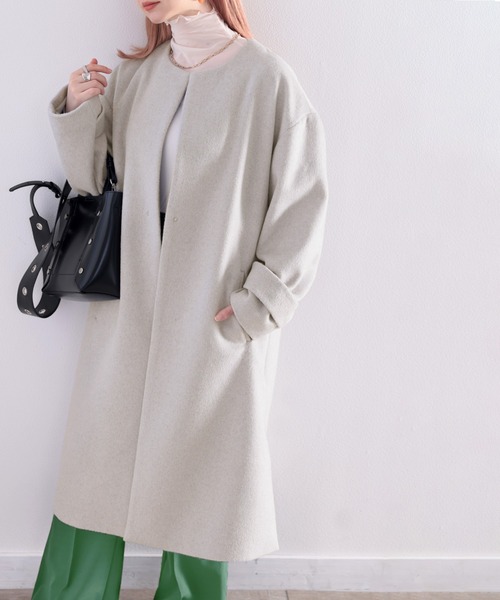 classicalelf（クラシカルエルフ）の「女っぽアウター。大人のノーカラーウールロングコート（ノーカラーコート・レディース・ブラック/ベージュ/グレー・MEDIUM/LARGE/X-LARGE）」の10枚目の写真