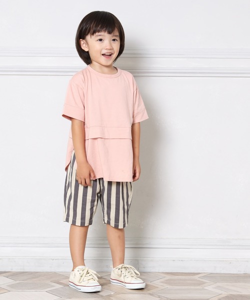 MAKE YOUR DAY（メイクユアデイ）の「レイヤード風サイドスリット半袖Tシャツ■80～140cm（Tシャツ/カットソー・キッズ・オフホワイト/サーモンピンク/ベージュ・100/120/110/80/90/130/140）」の7枚目の写真