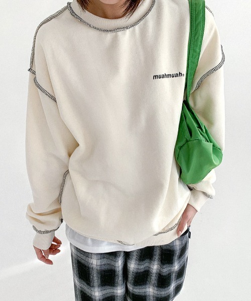 muahmuah(ムーアムーア)の「A'GEM/9 × .kom『muah muah/ムーアムーア』SIGNATURE LOGO LINE LOWER MTM/シグネチャー ロゴライン ロワー スウェットシャツ トレーナー(スウェット・レディース・カーキ/グレー/ブラック/アイボリー/インディゴブルー・FREE)」の10枚目の写真