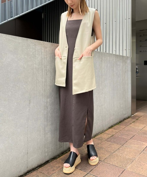 Settimissimo（セッティミッシモ）の「フェイクレザー切替ジレ（ベスト・レディース・ベージュ/ブラック・FREE）」の5枚目の写真