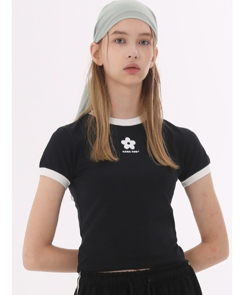 ODD STUDIO（オッドスタジオ）の「A'GEM/9 × .kom『ODD STUDIO/オッドスタジオ』DAISY PETAL T-SHIRT/デイジーペタル リンガー 半袖Tシャツ（Tシャツ/カットソー・レディース・ブラック/ライトパープル・FREE）」の2枚目の写真