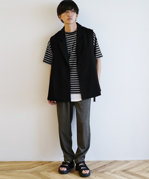 MinoriTY（マイノリティ）の「【MinoriTY】マルチボーダーオーバーサイズ半袖Tシャツ メンズ 春服 夏服 ビッグシルエット ルーズシルエット カットソー（Tシャツ/カットソー・メンズ・ネイビー×ホワイト/ベージュ/ブラック×グレー/ホワイト×ブラック・M/L）」の6枚目の写真