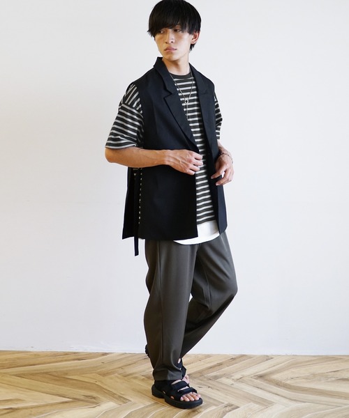 MinoriTY（マイノリティ）の「【MinoriTY】マルチボーダーオーバーサイズ半袖Tシャツ メンズ 春服 夏服 ビッグシルエット ルーズシルエット カットソー（Tシャツ/カットソー・メンズ・ネイビー×ホワイト/ベージュ/ブラック×グレー/ホワイト×ブラック・M/L）」の7枚目の写真