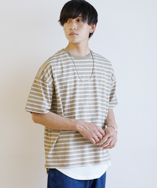 MinoriTY（マイノリティ）の「【MinoriTY】マルチボーダーオーバーサイズ半袖Tシャツ メンズ 春服 夏服 ビッグシルエット ルーズシルエット カットソー（Tシャツ/カットソー・メンズ・ネイビー×ホワイト/ベージュ/ブラック×グレー/ホワイト×ブラック・M/L）」の8枚目の写真