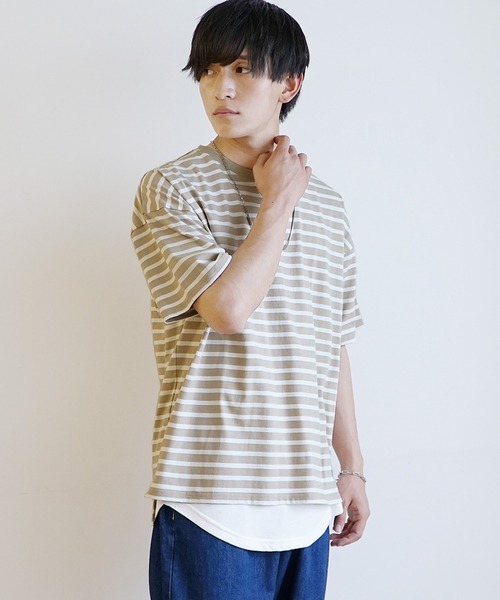 MinoriTY（マイノリティ）の「【MinoriTY】マルチボーダーオーバーサイズ半袖Tシャツ メンズ 春服 夏服 ビッグシルエット ルーズシルエット カットソー（Tシャツ/カットソー・メンズ・ネイビー×ホワイト/ベージュ/ブラック×グレー/ホワイト×ブラック・M/L）」の9枚目の写真