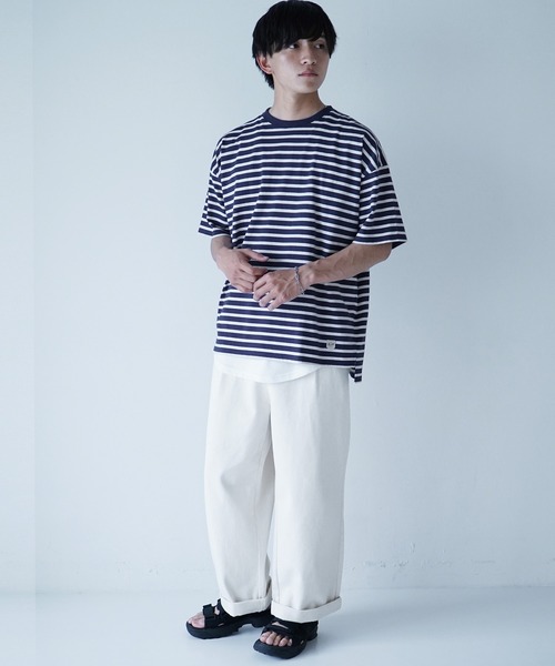 MinoriTY（マイノリティ）の「【MinoriTY】マルチボーダーオーバーサイズ半袖Tシャツ メンズ 春服 夏服 ビッグシルエット ルーズシルエット カットソー（Tシャツ/カットソー・メンズ・ネイビー×ホワイト/ベージュ/ブラック×グレー/ホワイト×ブラック・M/L）」の12枚目の写真