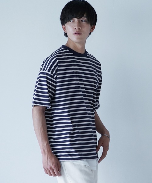 MinoriTY（マイノリティ）の「【MinoriTY】マルチボーダーオーバーサイズ半袖Tシャツ メンズ 春服 夏服 ビッグシルエット ルーズシルエット カットソー（Tシャツ/カットソー・メンズ・ネイビー×ホワイト/ベージュ/ブラック×グレー/ホワイト×ブラック・M/L）」の19枚目の写真