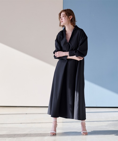 スキッパーネックロングワンピース