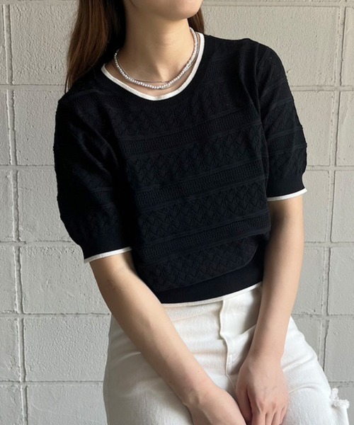 Bab（バブ）の「リンガーミックス編みニットトップス（Tシャツ/カットソー・レディース・アイボリー/イエロー/ブラック・FREE）」の4枚目の写真