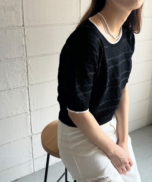 Bab（バブ）の「リンガーミックス編みニットトップス（Tシャツ/カットソー・レディース・アイボリー/イエロー/ブラック・FREE）」の7枚目の写真