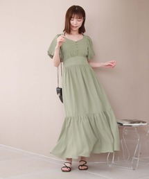 麻調バックシャンギャザーティアードワンピース
