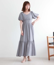 麻調バックシャンギャザーティアードワンピース