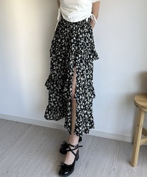 【韓国ファッション春コーデに◎】小花柄スリット入りティアードスカート