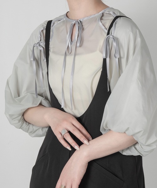 lawgy（ラウジー）の「ribbon satin sheer raglan blouse（シャツ/ブラウス・レディース・ブルー/アイボリー/オレンジ系その他・FREE）」の7枚目の写真