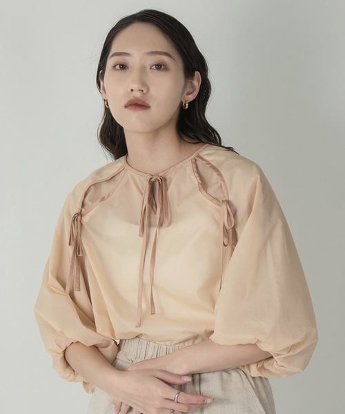 lawgy（ラウジー）の「ribbon satin sheer raglan blouse（シャツ/ブラウス・レディース・ブルー/アイボリー/オレンジ系その他・FREE）」の5枚目の写真