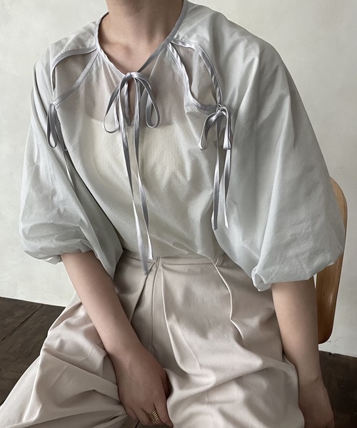 lawgy（ラウジー）の「ribbon satin sheer raglan blouse（シャツ/ブラウス・レディース・ブルー/アイボリー/オレンジ系その他・FREE）」の13枚目の写真