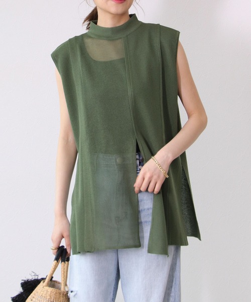 TITE IN THE STORE（ティテ　インザ　ストア）の「ミニネックシアー切替ノースリーブニットプルオーバー（ニット/セーター・レディース・グリーン/チャコールグレー・38）」の2枚目の写真