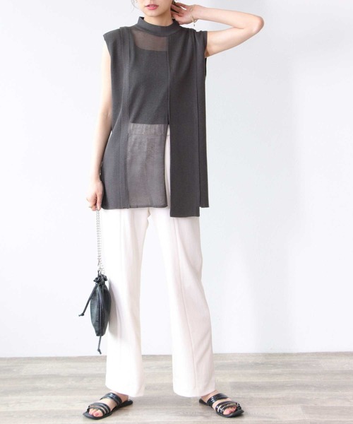 TITE IN THE STORE（ティテ　インザ　ストア）の「ミニネックシアー切替ノースリーブニットプルオーバー（ニット/セーター・レディース・グリーン/チャコールグレー・38）」の7枚目の写真