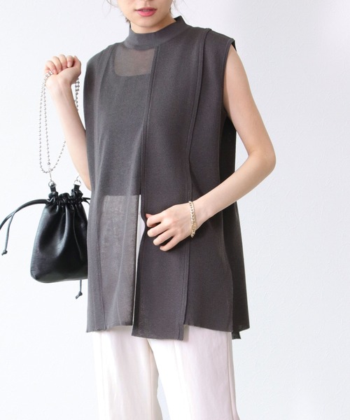 TITE IN THE STORE（ティテ　インザ　ストア）の「ミニネックシアー切替ノースリーブニットプルオーバー（ニット/セーター・レディース・グリーン/チャコールグレー・38）」の8枚目の写真