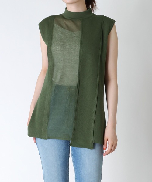 TITE IN THE STORE（ティテ　インザ　ストア）の「ミニネックシアー切替ノースリーブニットプルオーバー（ニット/セーター・レディース・グリーン/チャコールグレー・38）」の9枚目の写真