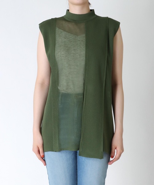 TITE IN THE STORE（ティテ　インザ　ストア）の「ミニネックシアー切替ノースリーブニットプルオーバー（ニット/セーター・レディース・グリーン/チャコールグレー・38）」の10枚目の写真