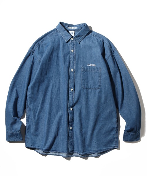 45R　インディゴ染め長袖デニムシャツ　ブラウス ワンポイント刺繍ロゴ　Sサイズ セール】【GERRY/ジェリー】オックス 4.5ozデニム ワンポイント
