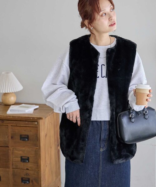 ファーロングベスト　ディスコート WEB限定】フェイクファーロングベスト（ベスト）｜DISCOAT（ディス