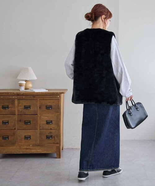 ファーロングベスト　ディスコート Discoat ベスト ジレ 「WEB限定」フェイクファーロングベスト