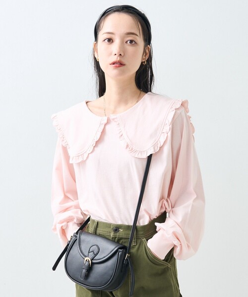 FREAK'S STORE(フリークスストア)の「フリル 丸襟 カット Tシャツ/長袖Tシャツ(Tシャツ/カットソー・レディース・オフホワイト/ブラック/ストライプ/ピンク・フリ-)」の1枚目の写真