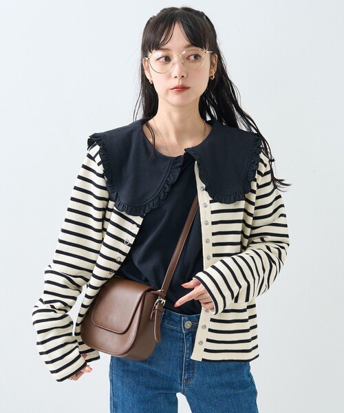 FREAK'S STORE(フリークスストア)の「フリル 丸襟 カット Tシャツ/長袖Tシャツ(Tシャツ/カットソー・レディース・オフホワイト/ブラック/ストライプ/ピンク・フリ-)」の3枚目の写真