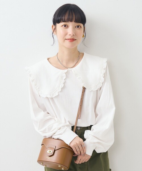 FREAK'S STORE(フリークスストア)の「フリル 丸襟 カット Tシャツ/長袖Tシャツ(Tシャツ/カットソー・レディース・オフホワイト/ブラック/ストライプ/ピンク・フリ-)」の5枚目の写真