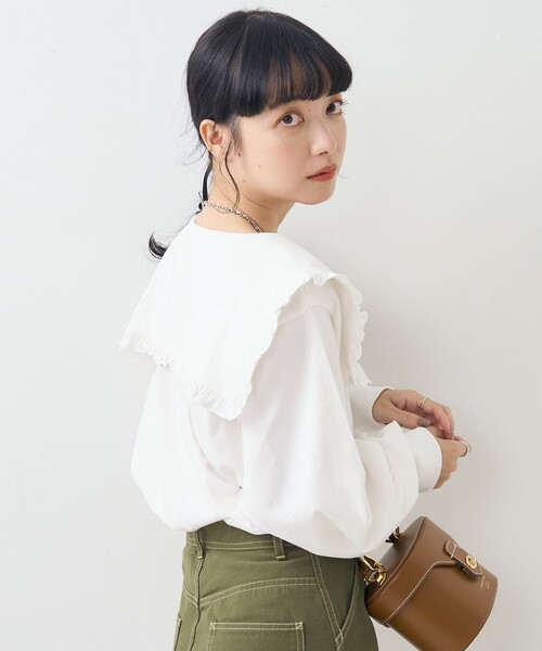 FREAK'S STORE(フリークスストア)の「フリル 丸襟 カット Tシャツ/長袖Tシャツ(Tシャツ/カットソー・レディース・オフホワイト/ブラック/ストライプ/ピンク・フリ-)」の6枚目の写真