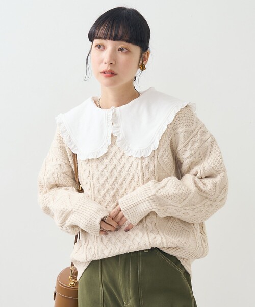 FREAK'S STORE(フリークスストア)の「フリル 丸襟 カット Tシャツ/長袖Tシャツ(Tシャツ/カットソー・レディース・オフホワイト/ブラック/ストライプ/ピンク・フリ-)」の9枚目の写真