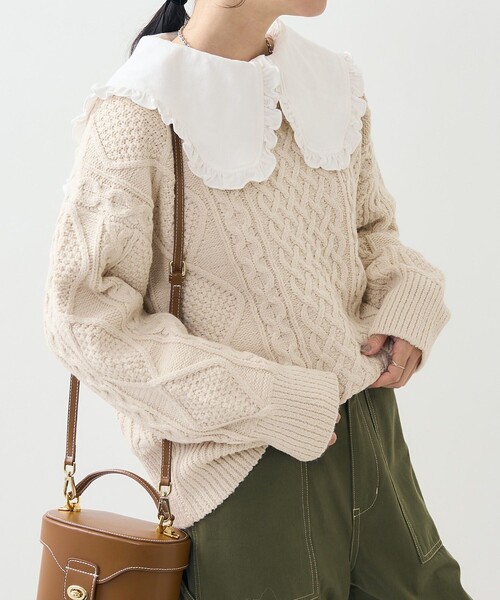 FREAK'S STORE(フリークスストア)の「フリル 丸襟 カット Tシャツ/長袖Tシャツ(Tシャツ/カットソー・レディース・オフホワイト/ブラック/ストライプ/ピンク・フリ-)」の12枚目の写真