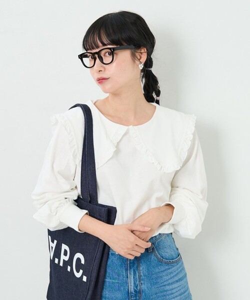 FREAK'S STORE(フリークスストア)の「フリル 丸襟 カット Tシャツ/長袖Tシャツ(Tシャツ/カットソー・レディース・オフホワイト/ブラック/ストライプ/ピンク・フリ-)」の14枚目の写真