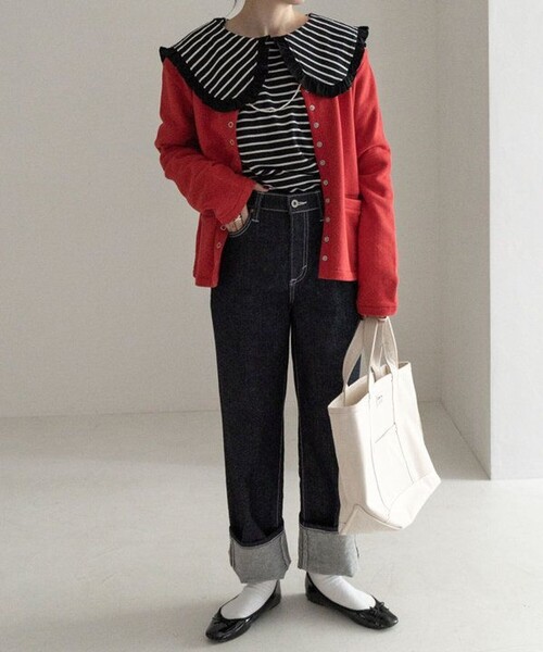 FREAK'S STORE(フリークスストア)の「フリル 丸襟 カット Tシャツ/長袖Tシャツ(Tシャツ/カットソー・レディース・オフホワイト/ブラック/ストライプ/ピンク・フリ-)」の18枚目の写真