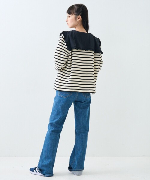 FREAK'S STORE(フリークスストア)の「フリル 丸襟 カット Tシャツ/長袖Tシャツ(Tシャツ/カットソー・レディース・オフホワイト/ブラック/ストライプ/ピンク・フリ-)」の21枚目の写真