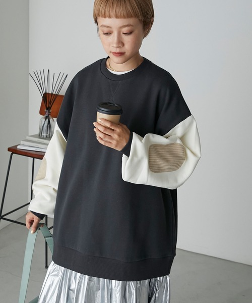 forksy.（フォルクシー）の「【forksy.】バイカラーエルボーパッチスリーブ裏起毛スウェット（スウェット・レディース・ネイビー/オートミール/スミクロ・FREE）」の8枚目の写真