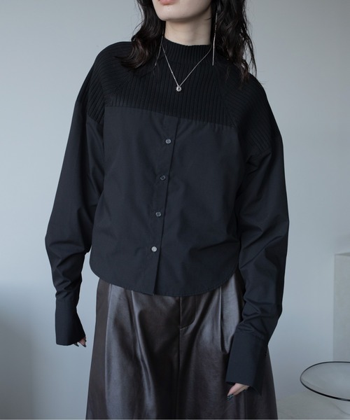 kolor 22AWリボン付 ドッキングシャツ サイズ3 ネイビー×ブラック リブニットドッキングシャツ（シャツ/ブラウス）｜VACANCY