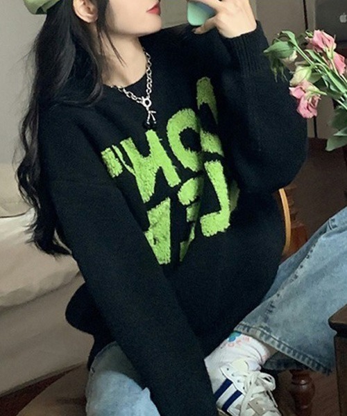 SpRay（スプレイ）の「ロゴジャガードニット（ニット/セーター・レディース・グリーン/ブルー/イエロー/パープル/ブラック・FREE）」の2枚目の写真